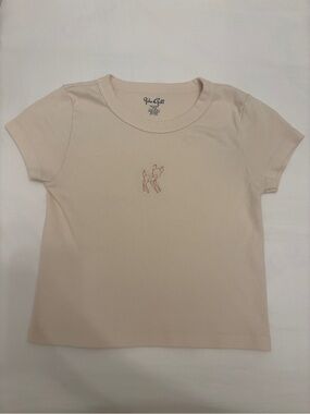 Brandy Melville Cream Short Sleeve Tee with Small Deer Embroidery